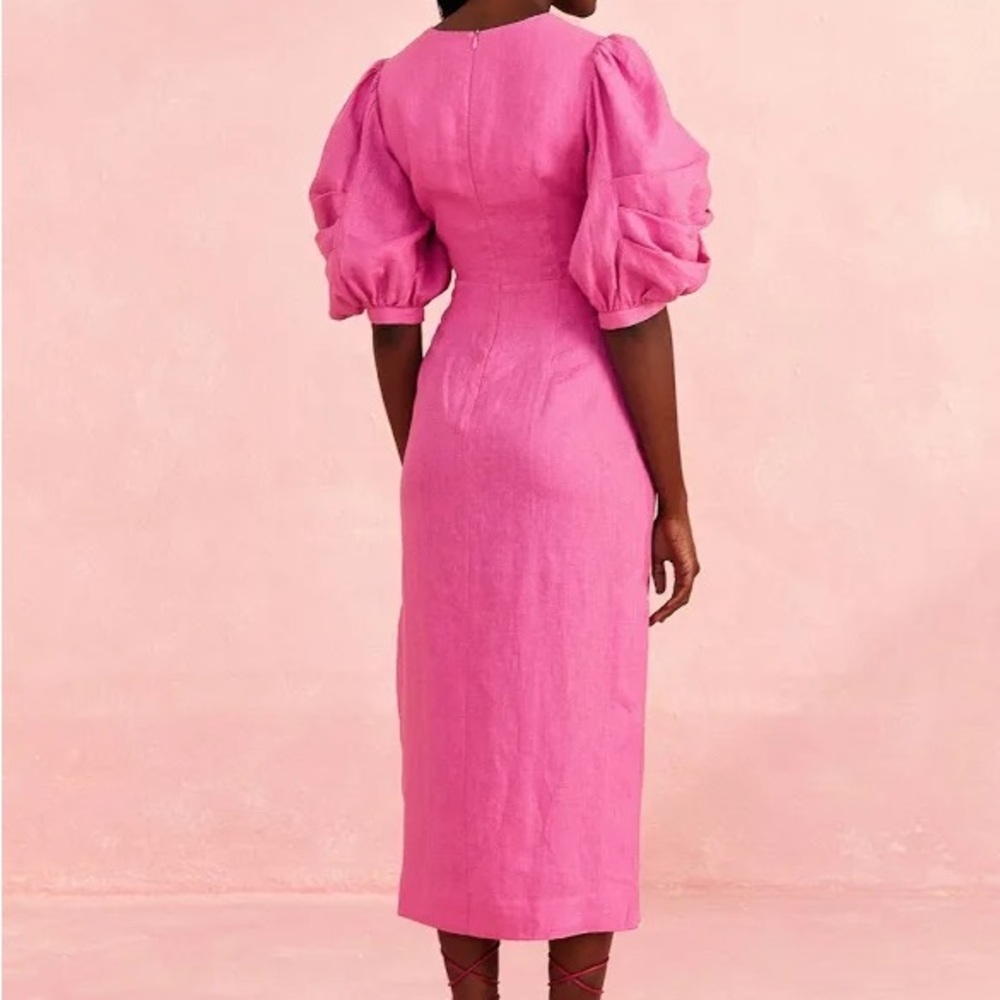NWT FARM Rio Linen Pink Puff Sleeve Dress - Picture 3 of 5